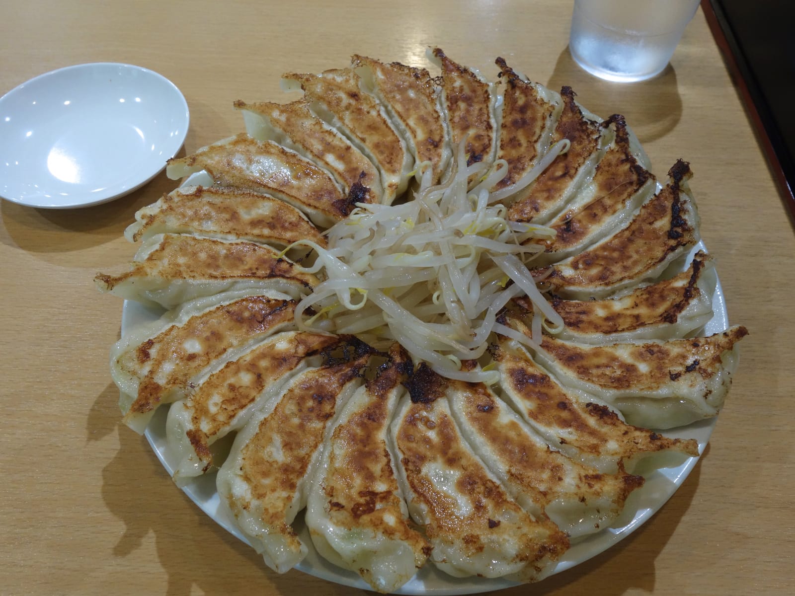 Gyozas douradas com molho em prato de cerâmica